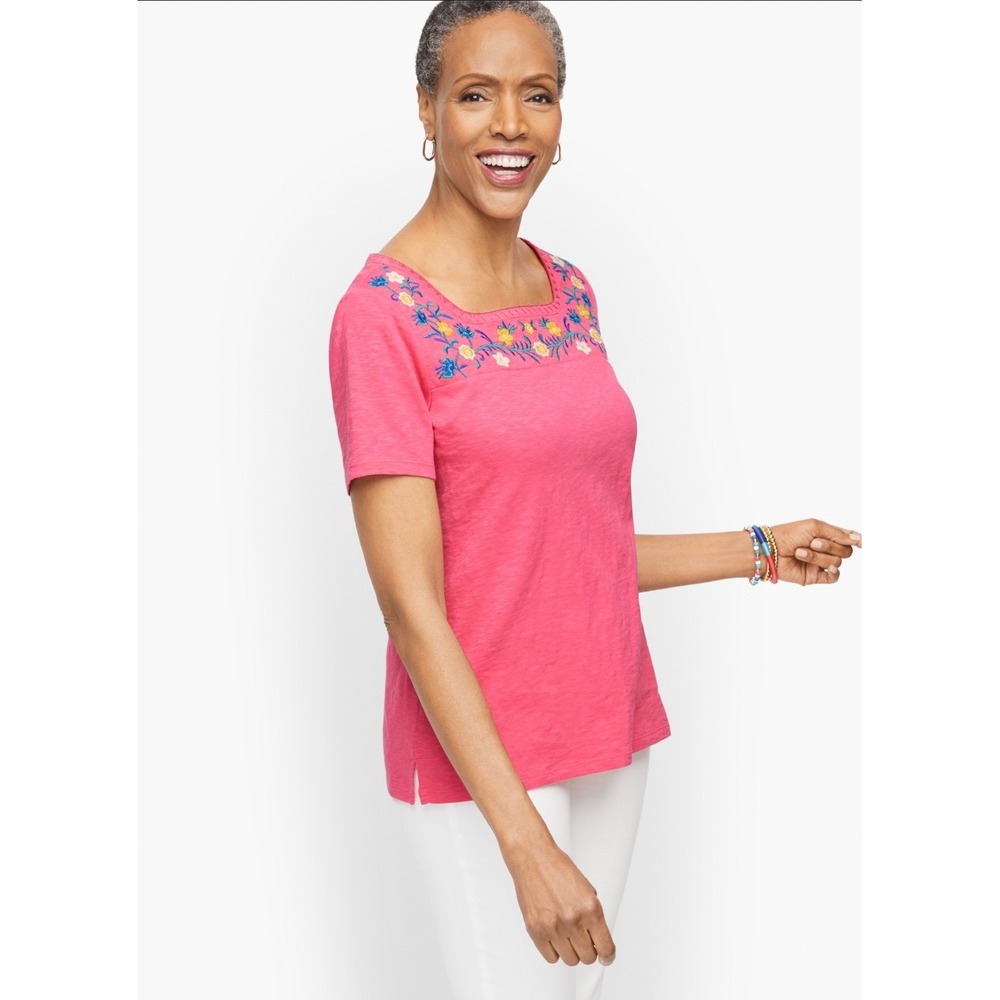 Talbots Plus Pink Cotton Embroidered Floral Square Neck Short Sleeve Tee Size 2X